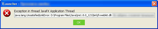 Error java.lang.UnsatisfiedLinkError: \jre1.8.0_121\bin\jfxwebkit.dll in TLauncher